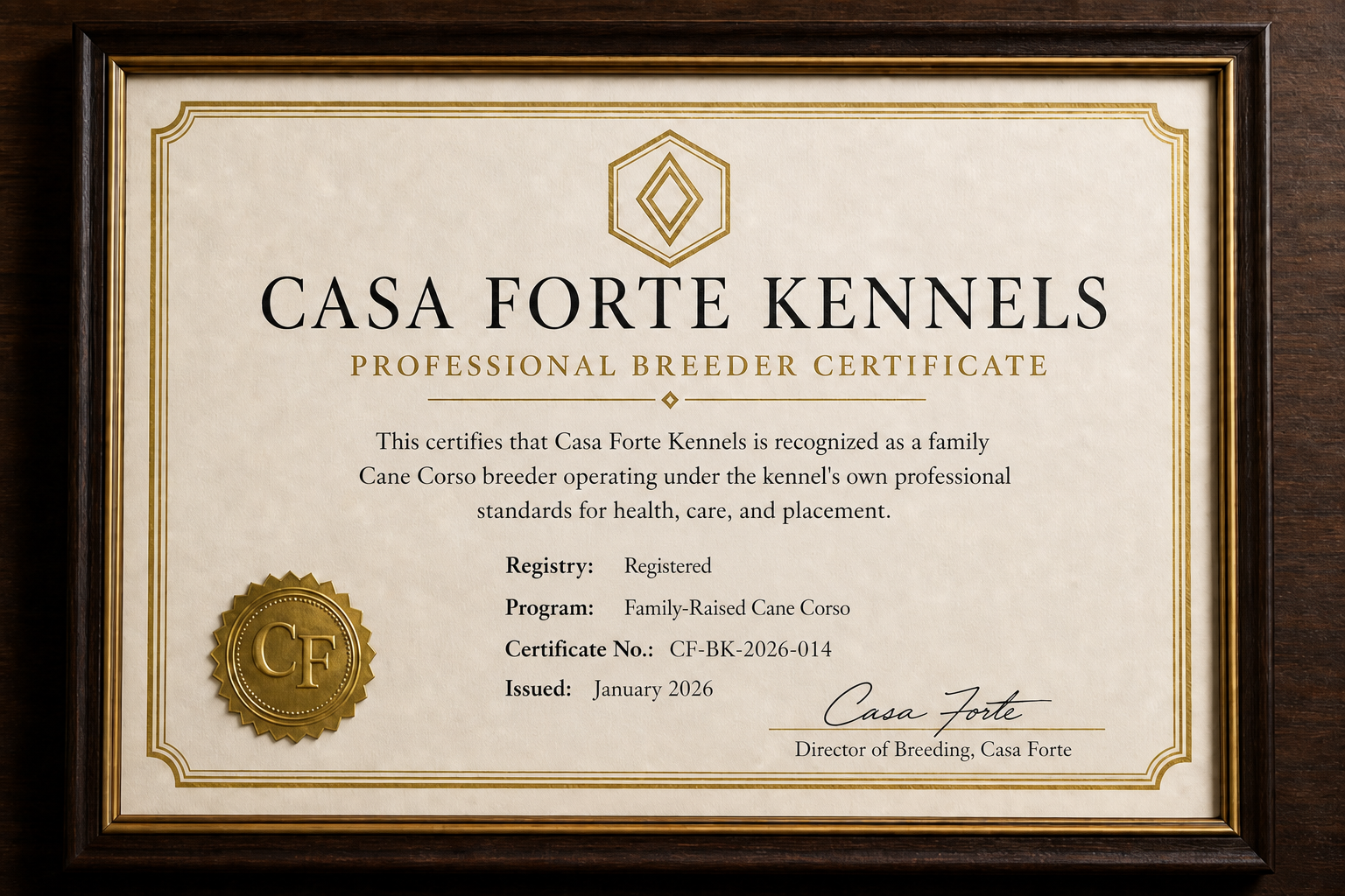 Casa Forte Kennels professional breeder certificate